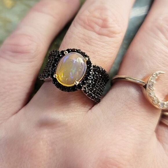 Hand Crafted Jewelry - Ethiopian Opal ✦ Black Spinel Ring ✦ 925 Rhodium Oval Fire Gemstone Sz 5 NWT